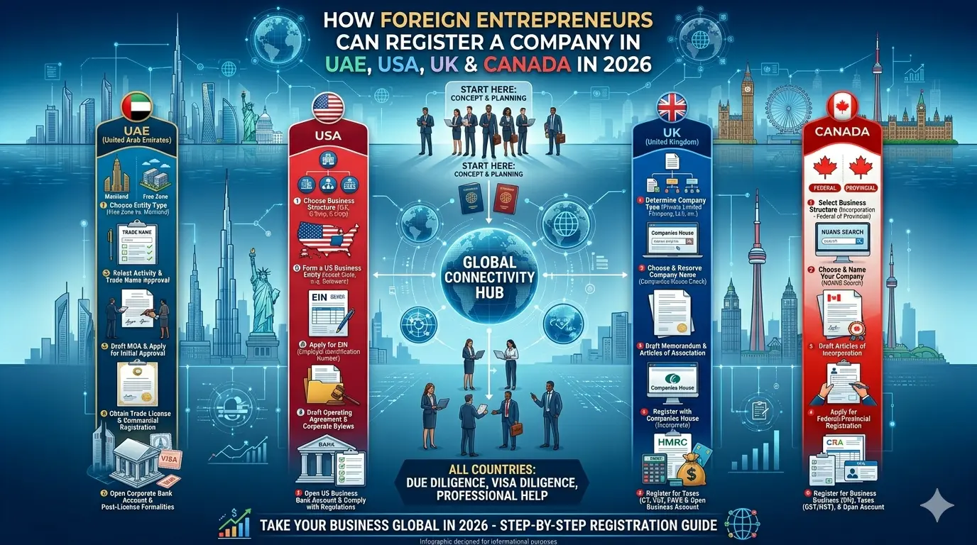 How Foreign Entrepreneurs Can Register a Company in UAE, USA, UK & Canada in 2026